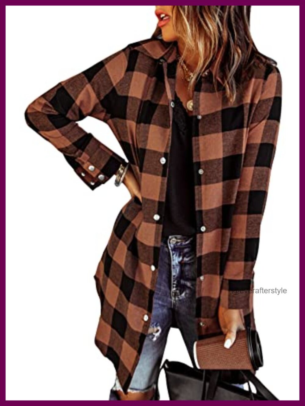 Flannel Shacket Jacket Plaid Button Down Shirt Loose Fit